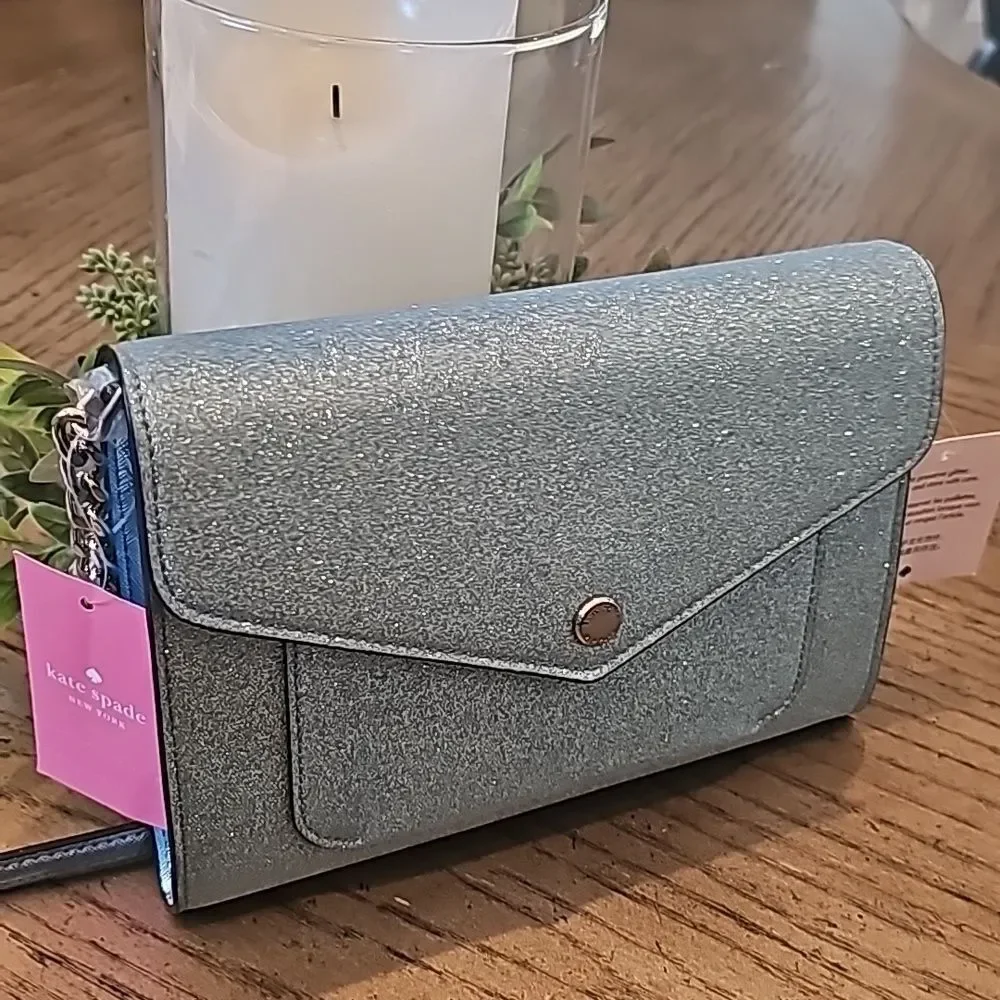 Kate Spade tinsel flap crossbody sparkly blue bag NWT